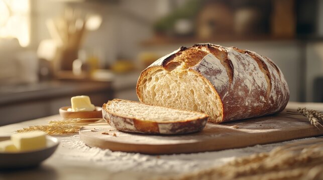 Rustic sourdough bread on wooden board with sliced piece and butter in sunlit kitchen