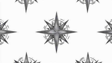 Seamless background pattern of a repeat motif of vintage navigation circular compass with star design or logo isolated on white background