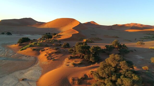 Namibian desert dunes at sunset, Aerial view