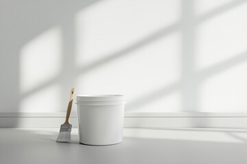 white bucket with a brush inside it is placed on a grey floor. The brush is positioned in the center of the bucket, with the bristles facing upwards