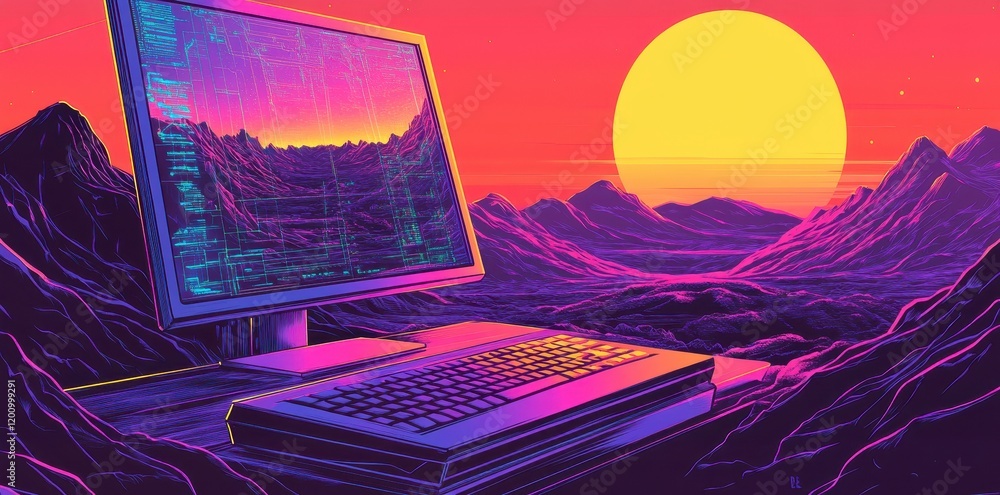 Poster retro computer displaying a synthwave landscape