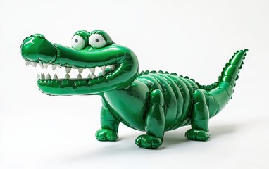 Fototapeta premium A bold green balloon crocodile sculpture, with a toothy grin, isolated on white
