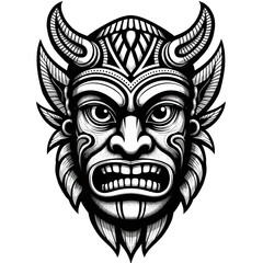 Fototapeta premium Black and white horned head with open mouth on transparent background