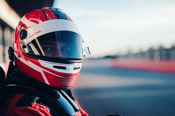 man wearing a red helmet is standing on a racetrack