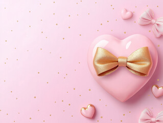 Fototapeta premium Pink heart with gold bow surrounded by small hearts and bows on pastel background