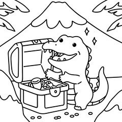 A crocodile discovers a mysterious treasure in the middle of the forest, easy coloring for kids, vector, illustration, coloring book, coloring page

