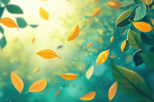 A nature-inspired animation loop of leaves swaying gently in the wind under soft sunlight.