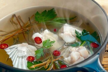 Hearty and flavorful fish soup with fresh herbs, perfect for a cozy and comforting meal experience.