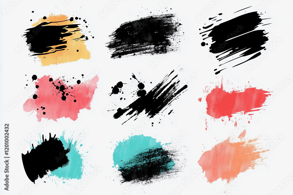 Poster set of black and red splatters with a blue splash. the splatters are of different sizes and colors, 