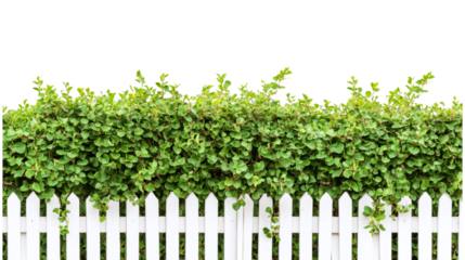 A well-maintained white picket fence borders a flourishing green hedge, showcasing vibrant leaves at the top, all under a bright. PNG