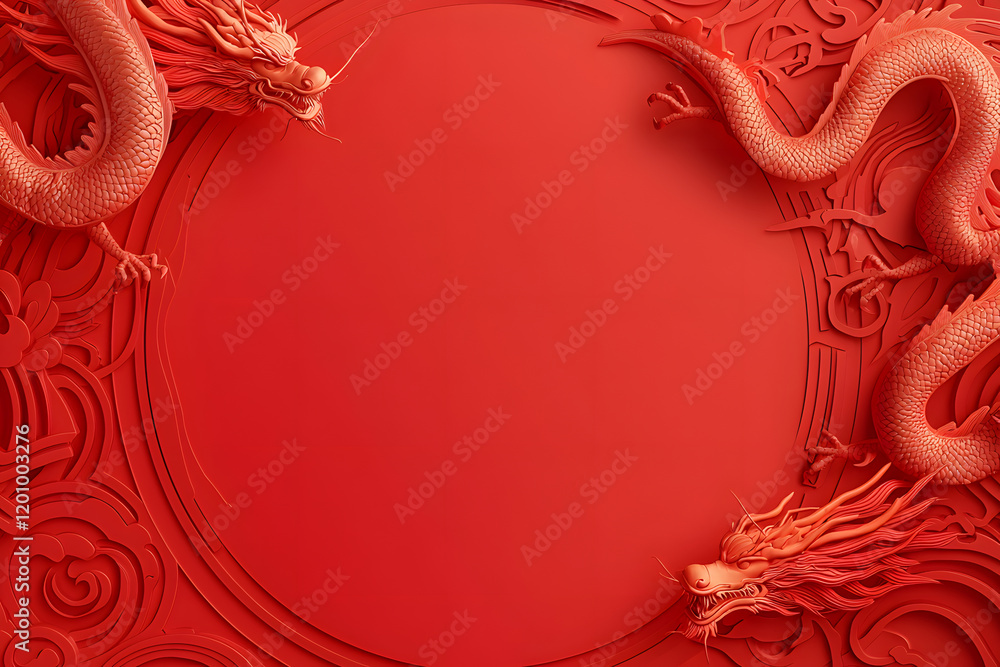 Poster dynamic red dragons framing a circular canvas artistic display cultural environment aerial view symb