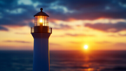 A lighthouse glowing warmly as the sun sets over a serene ocean horizon.