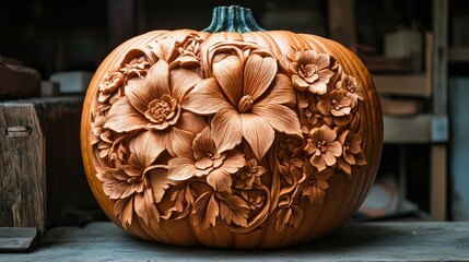 Intricately Carved Pumpkin with Floral Design in Workshop Setting