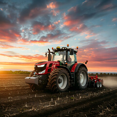 A Modern High-Performance Tractor Powering through a Ploughing Task at Sunset in a Scenic Rural Landscape
