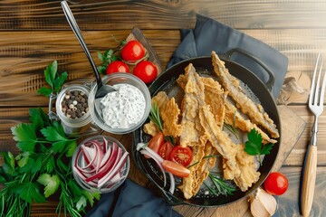 Fried fish   pieces of fish in a frying pan with cracklings and garnish.