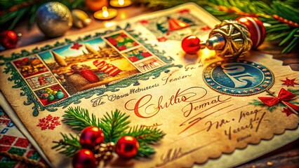 Fototapeta premium Colorful Vintage Christmas Letter Macro Photography - Festive Holiday Card Design