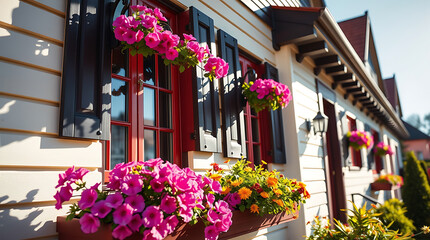 Charming house exterior with vibrant flowers and red windows. Beautiful home design, perfect for real estate and architecture inspiration.