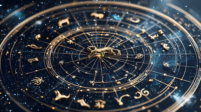 Astrological zodiac wheel cosmic space digital art mystical environment close-up view horoscope insights