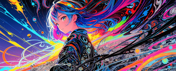 A vibrant, psychedelic anime artwork of a girl with glowing yellow eyes, surrounded by an explosion of colorful, swirling abstract patterns