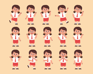 Female Elementary Student with Various Expression and Gesture, Primary Student Confused, Feels Happy, Giving Thumbs Up Sign