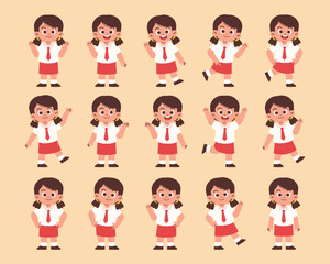 Female Elementary Student with Various Expression and Gesture, Primary Student Happy, Presenting Something	
