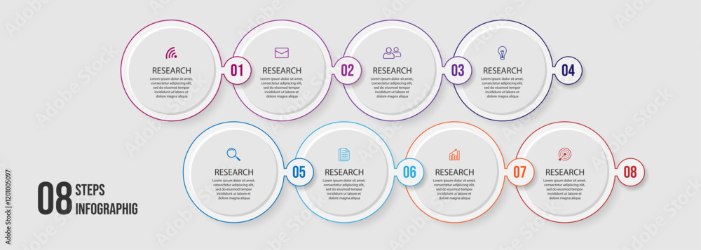 Poster infographic 8 interconnected parts with circle shapes related to lines and colors and there are icon