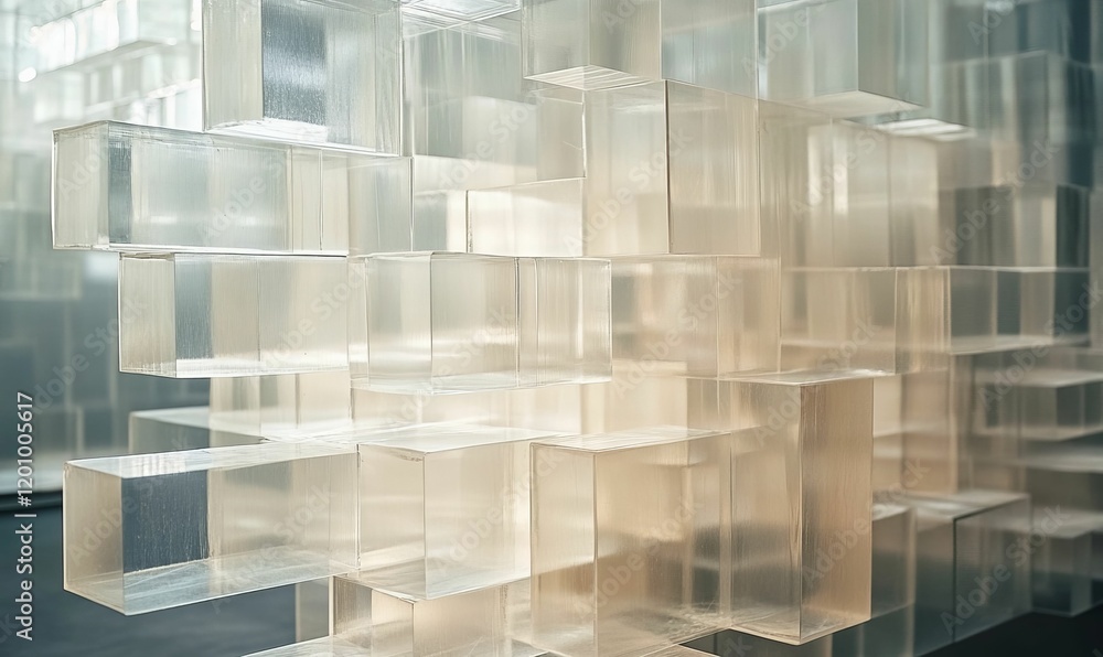 Poster translucent stacked blocks create an abstract geometric pattern.