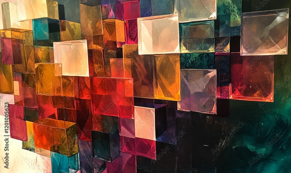 Poster translucent colorful squares arranged into an abstract pattern.