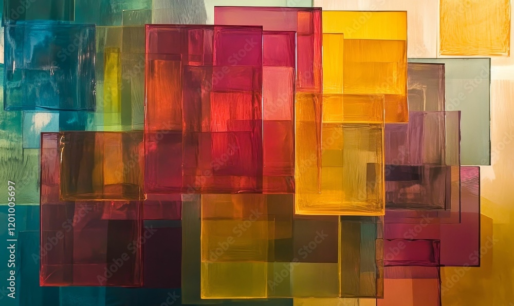 Poster overlapping translucent colored rectangles, layered, bright light passing.