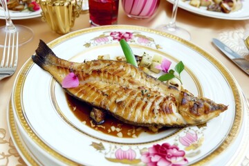 Elegantly plated gourmet fish dish accompanied by fresh vegetables and a delectable sauce