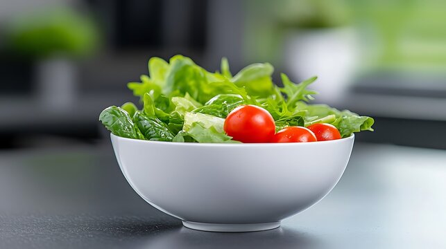 Fresh Green Salad with Cherry Tomatoes in a White Bowl