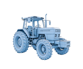 Blue wireframe tractor on a transparent background