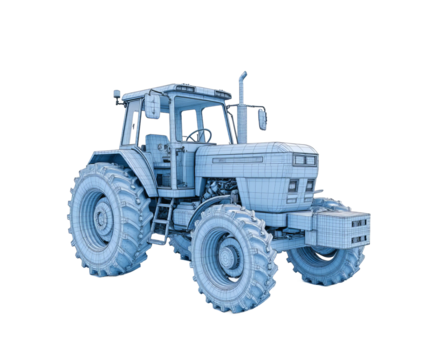 Blue wireframe tractor on a transparent background