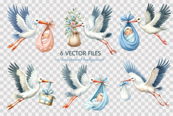 Set of Watercolor clip art stork bringing a newborn baby. Hand drawn childish illustration for nursery poster, baby shower, greeting card, invitation, tshirt, children room decor.