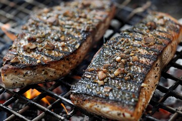 Fish steaks   cooking fish steaks on an open fire with sauces