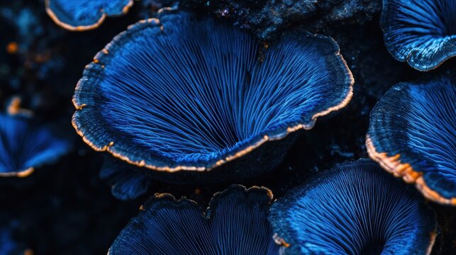 Dark blue mushrooms cluster, forest floor background, nature macro photography, ideal for nature documentaries