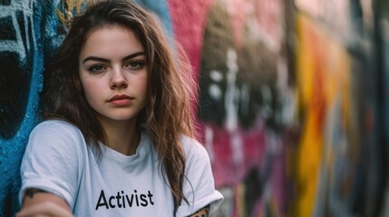 Naklejka premium Woman leaning against graffiti wall, serious expression, urban setting, activist t-shirt