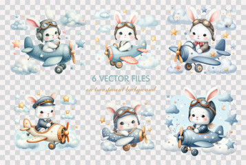 Set of Watercolor clip art bunny on cloud and bunny pilot on a plane. Hand drawn childish illustration for nursery poster, baby shower, greeting card, invitation, tshirt, children room decor.