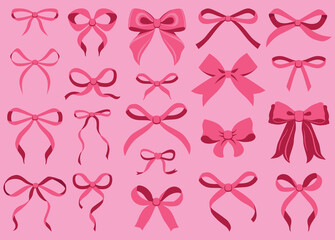 Simple hand drawn pink ribbon bow collection. Bowknot for decoration, big set of bowtie. Large retro ribbon illustration set. Set of various cartoon bow knots, gift ribbons. Valentines day, love sign