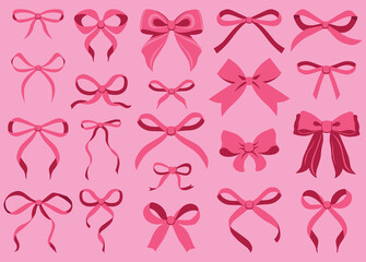 Simple hand drawn pink ribbon bow collection. Bowknot for decoration, big set of bowtie. Large retro ribbon illustration set. Set of various cartoon bow knots, gift ribbons. Valentines day, love sign