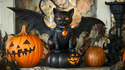 Scary banners with black cat, orange pumpkin, flying bat, monster faces and witch for Halloween holiday design