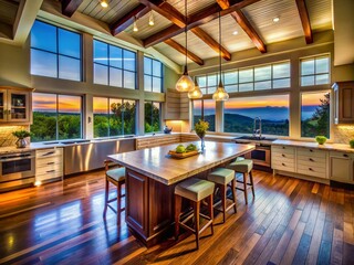 Cozy Kitchen Island, Large Window, Natural Light, Rustic Farmhouse Style, Drone View