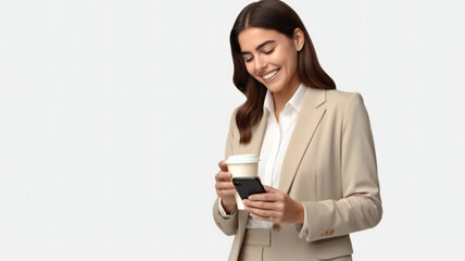 Fototapeta premium A young businesswoman is smiling while holding a coffee cup and looking at her phone.