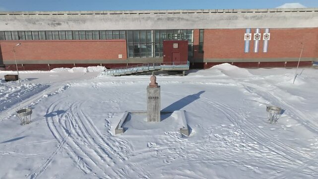 Pyramiden Town in Spitsbergen, Svalbard and Jan Mayen under heavy snow, Aerial view