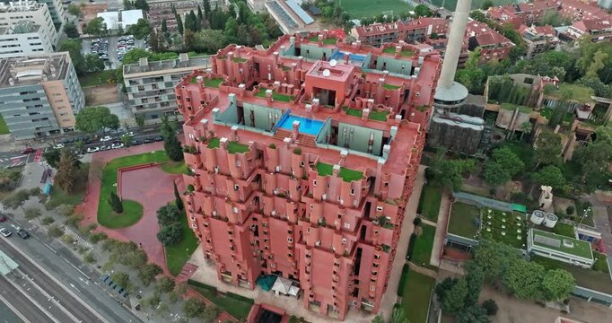 Aerial view of the architecture of Walden seven in Barcelona. Residential high-rise building with beautiful geometry, tourist and historical points of Spain. High quality 4k footage