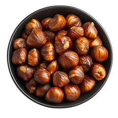 Obraz premium Top view of a hyperrealistic dark bowl of chestnuts isolated on a white transparent background