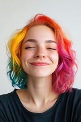 Fototapeta premium Young Caucasian woman with vibrant rainbow-colored hair smiles joyfully against a plain background.