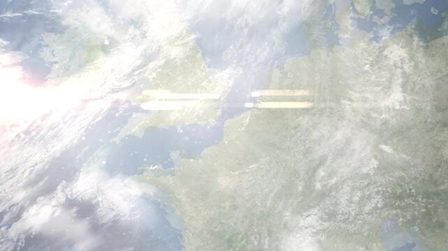 Earth zoom in from space and focus on Boulogne sur Mer, France. Background for travel intro or blog. Satellite view. 3D style Animation. Images from NASA.