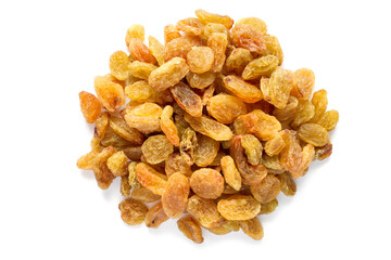 A pile of yellow raisins on a white background. White grape raisins.