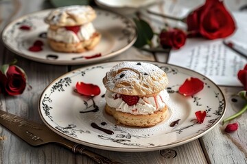Closeup of a plate featuring delicious cake rolls surrounded by beautiful roses on a table